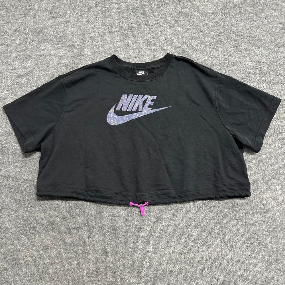 Nike T-Shirt Womens Size 3X Black Cropped Glitter Graphic Logo Drawstring Hem